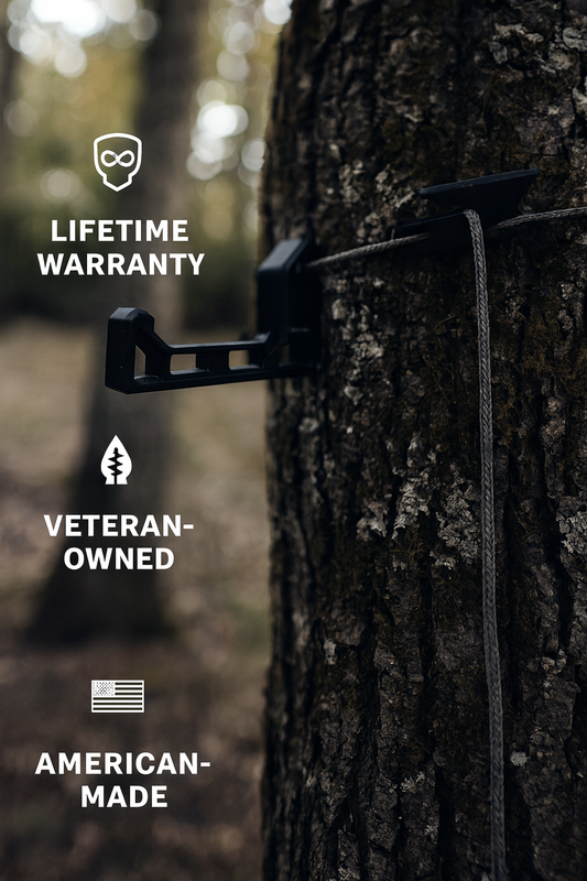 Wayward Wire ultralight pocket bow hanger collapsed in hunter's palm showing 3.7oz weight