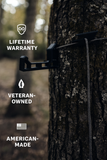 Wayward Wire ultralight pocket bow hanger collapsed in hunter's palm showing 3.7oz weight